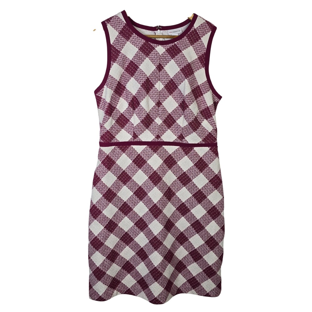Liz Claiborne Womens Dress Size 10 Purple White Plaid Sleeveless Sheath Career